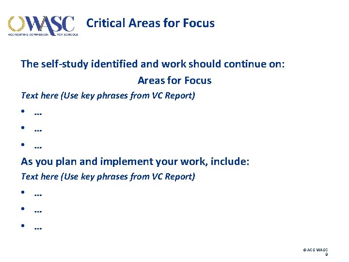 Critical Areas for Focus The self-study identified and work should continue on: Areas for