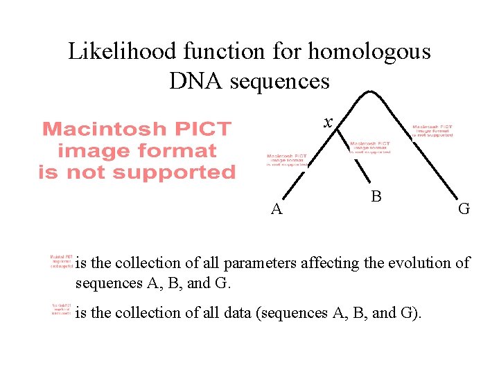 Likelihood function for homologous DNA sequences x A B G is the collection of