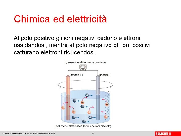 Chimica ed elettricità Al polo positivo gli ioni negativi cedono elettroni ossidandosi, mentre al