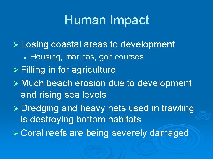 Human Impact Ø Losing coastal areas to development l Housing, marinas, golf courses Ø