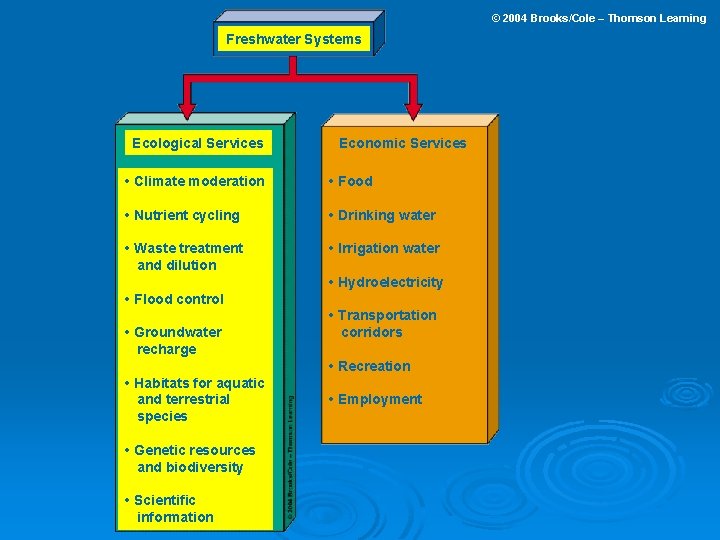 © 2004 Brooks/Cole – Thomson Learning Freshwater Systems Ecological Services Economic Services • Climate