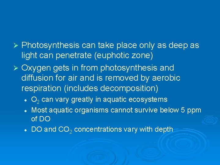 Photosynthesis can take place only as deep as light can penetrate (euphotic zone) Ø