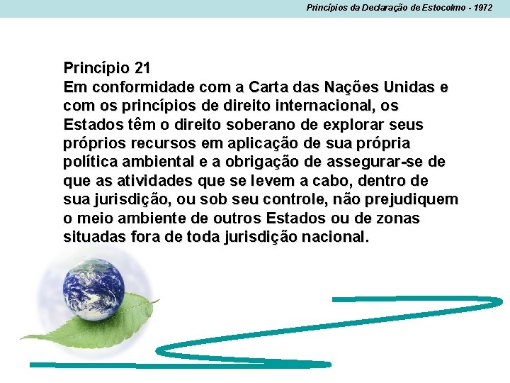 Princípios da Declaração de Estocolmo - 1972 Princípio 21 Em conformidade com a Carta