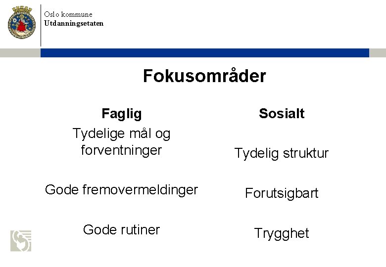 Oslo kommune Utdanningsetaten Fokusområder Faglig Tydelige mål og forventninger Sosialt Tydelig struktur Gode fremovermeldinger