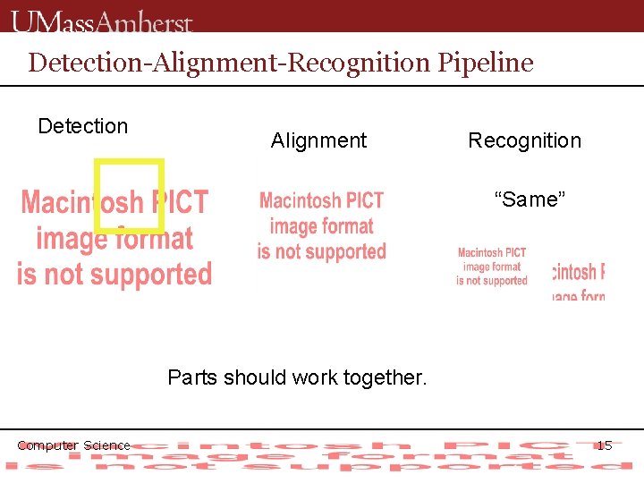 Detection-Alignment-Recognition Pipeline Detection Alignment Recognition “Same” Parts should work together. Computer Science 15 