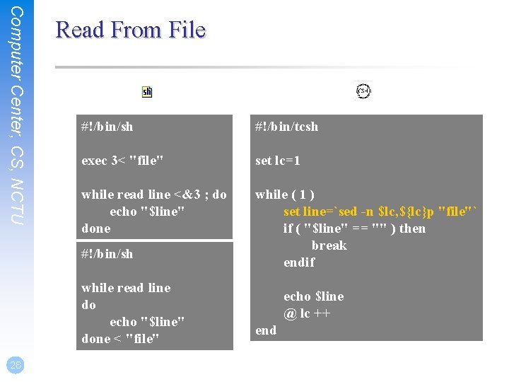 Computer Center, CS, NCTU Read From File #!/bin/sh #!/bin/tcsh exec 3< "file" set lc=1