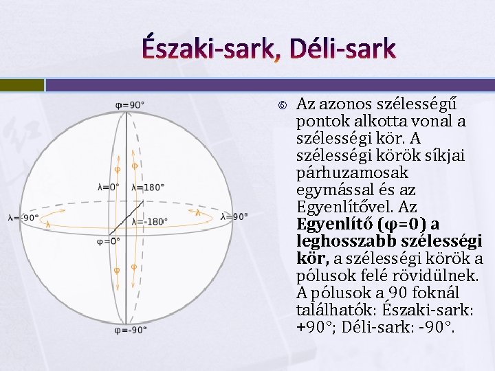 Északi-sark, Déli-sark Az azonos szélességű pontok alkotta vonal a szélességi kör. A szélességi körök