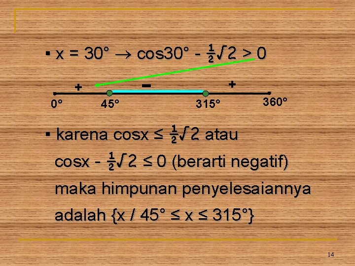 ▪ x = 30° cos 30° - ½√ 2 > 0 + + 0°