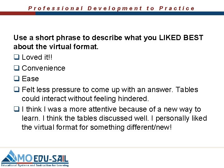 Professional Development to Practice Use a short phrase to describe what you LIKED BEST Professional Development to Practice Use a short phrase to describe what you LIKED BEST