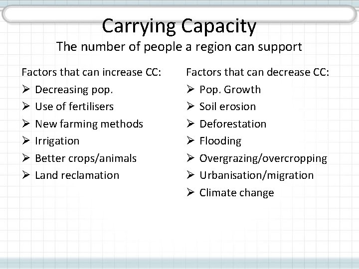 Carrying Capacity The number of people a region can support Factors that can increase