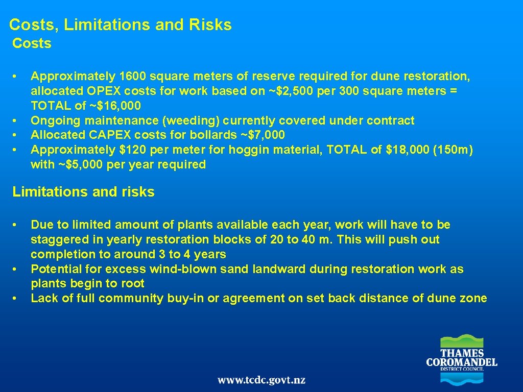 Costs, Limitations and Risks Costs • • Approximately 1600 square meters of reserve required Costs, Limitations and Risks Costs • • Approximately 1600 square meters of reserve required