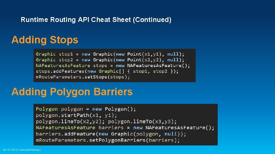 Runtime Routing API Cheat Sheet (Continued) Adding Stops Adding Polygon Barriers Esri UC 2014