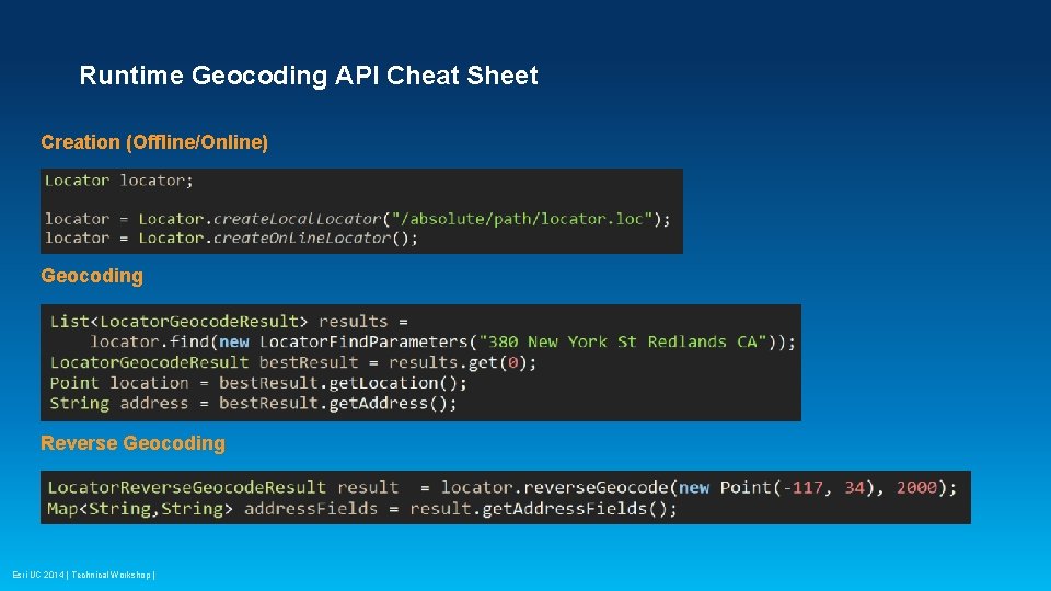 Runtime Geocoding API Cheat Sheet Creation (Offline/Online) Geocoding Reverse Geocoding Esri UC 2014 |