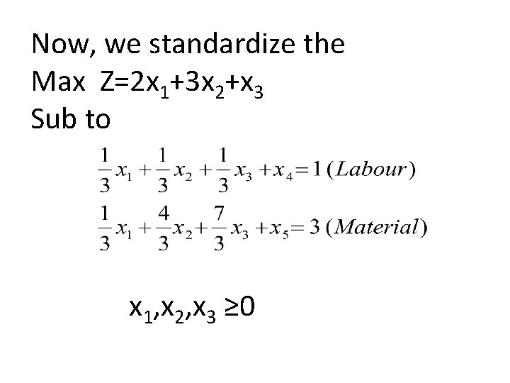 Now, we standardize the Max Z=2 x 1+3 x 2+x 3 Sub to x