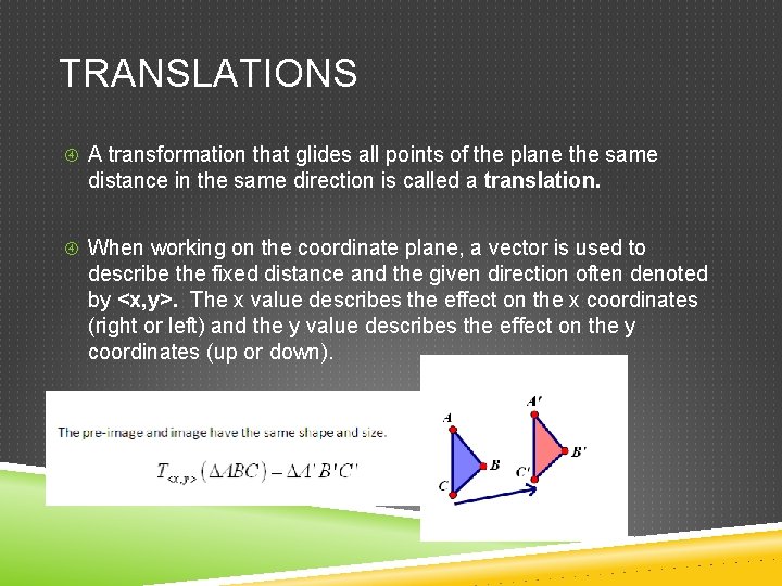 TRANSLATIONS A transformation that glides all points of the plane the same distance in