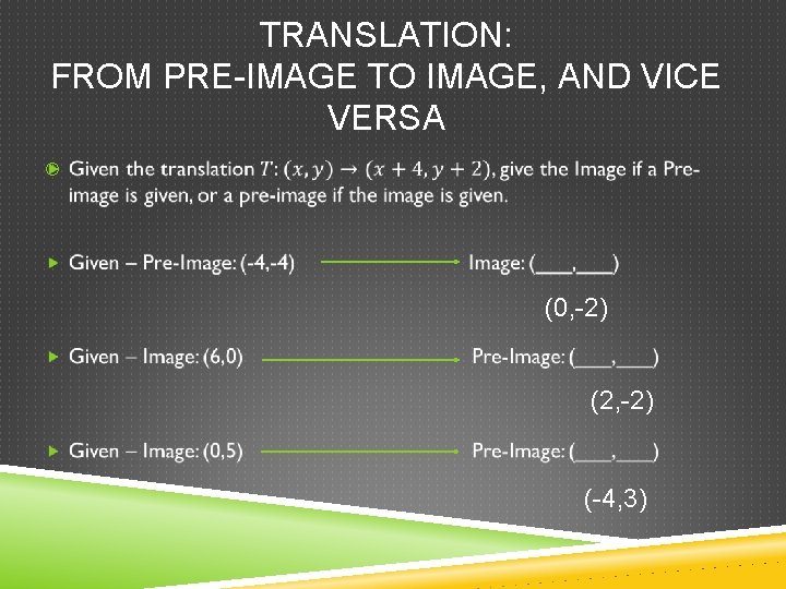 TRANSLATION: FROM PRE-IMAGE TO IMAGE, AND VICE VERSA (0, -2) (2, -2) (-4, 3)