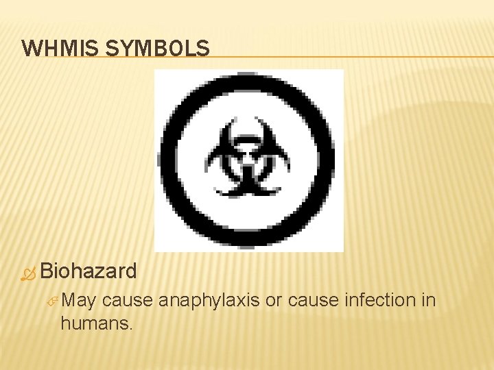 WHMIS SYMBOLS Biohazard May cause anaphylaxis or cause infection in humans. 