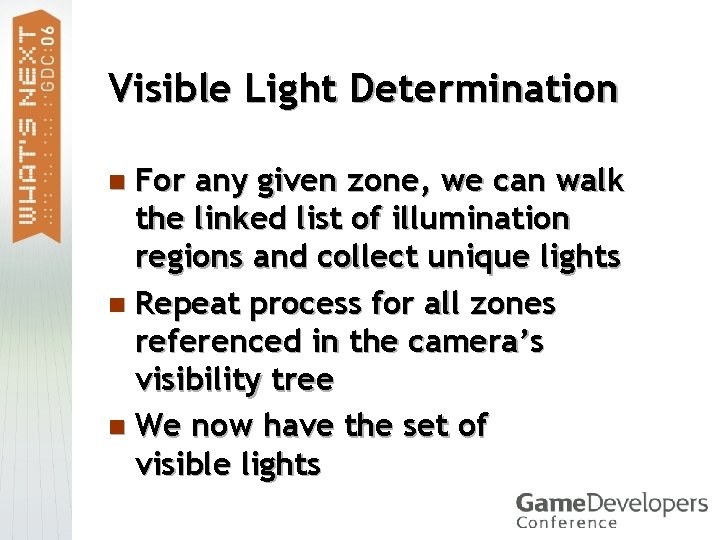Visible Light Determination For any given zone, we can walk the linked list of
