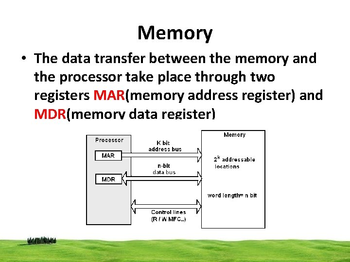 Memory • The data transfer between the memory and the processor take place through