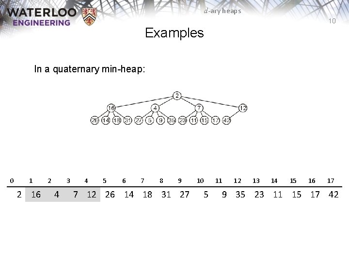 d-ary heaps 10 Examples In a quaternary min-heap: 0 1 2 16 2 3