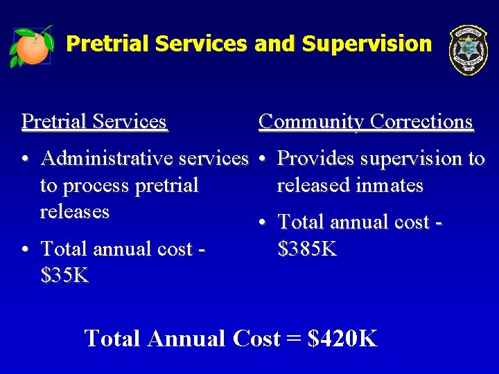 Pretrial Services and Supervision Pretrial Services Community Corrections • Administrative services • Provides supervision