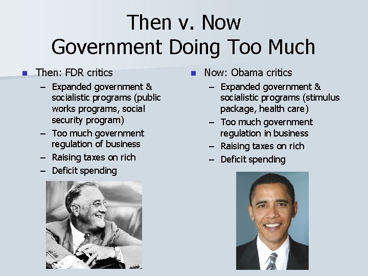 Then v. Now Government Doing Too Much n Then: FDR critics – Expanded government