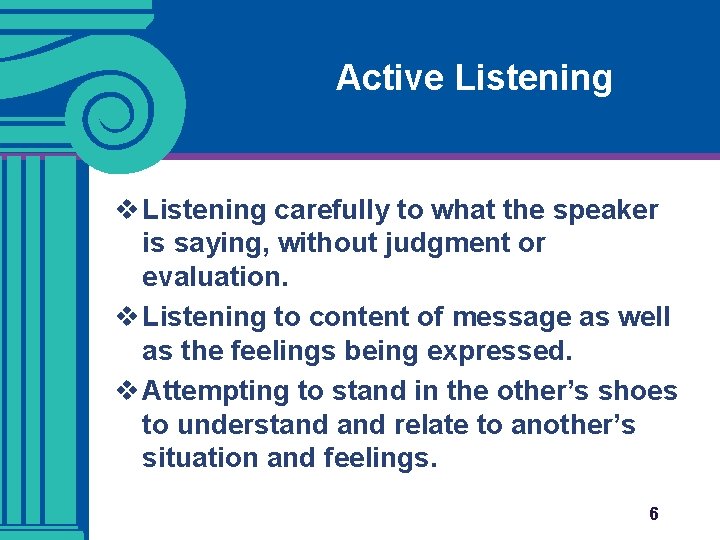 Active Listening v Listening carefully to what the speaker is saying, without judgment or