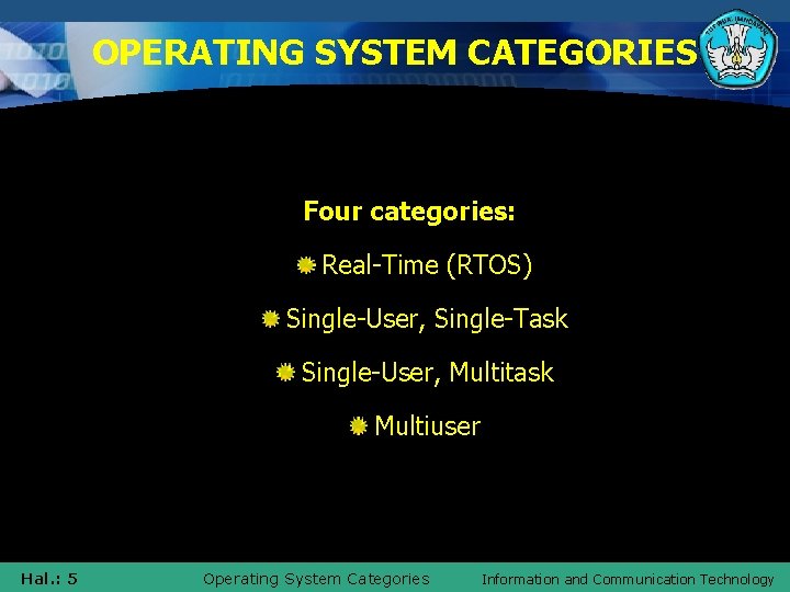 OPERATING SYSTEM CATEGORIES Four categories: Real-Time (RTOS) Single-User, Single-Task Single-User, Multitask Multiuser Hal. :