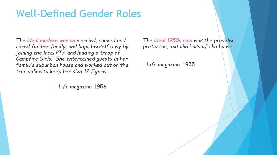 Well-Defined Gender Roles The ideal modern woman married, cooked and cared for her family,