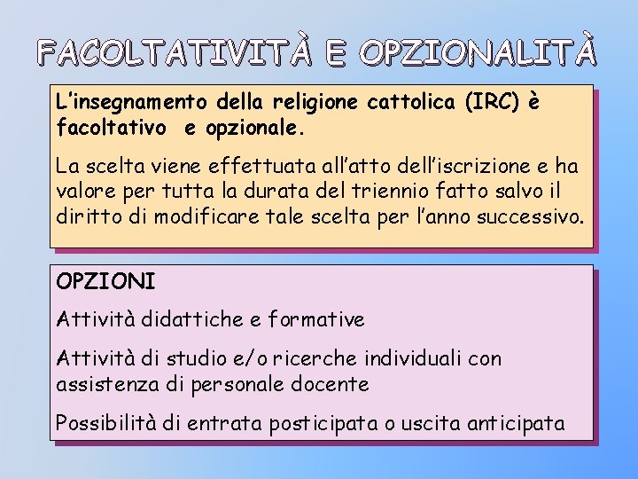 FACOLTATIVITÀ E OPZIONALITÀ L’insegnamento della religione cattolica (IRC) è facoltativo e opzionale. La scelta