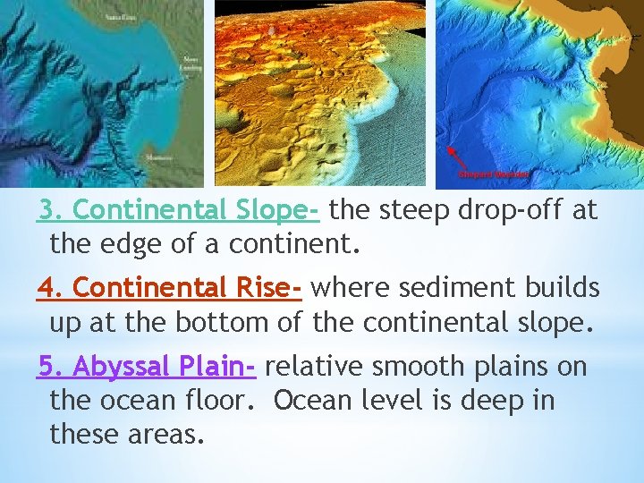3. Continental Slope- the steep drop-off at the edge of a continent. 4. Continental