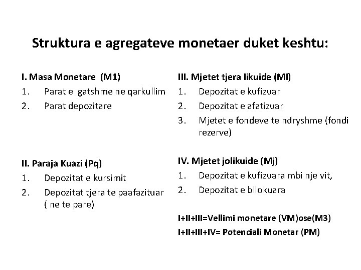 Struktura e agregateve monetaer duket keshtu: I. Masa Monetare (M 1) 1. Parat e