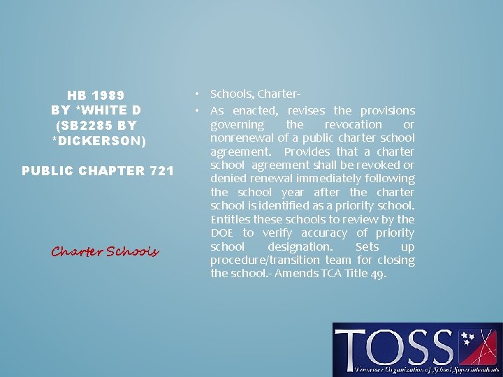 HB 1989 BY *WHITE D (SB 2285 BY *DICKERSON) PUBLIC CHAPTER 721 Charter Schools