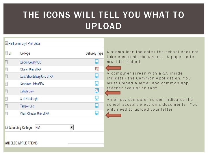THE ICONS WILL TELL YOU WHAT TO UPLOAD A stamp icon indicates the school