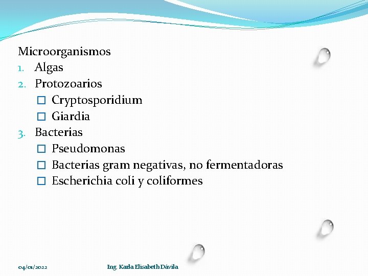 Microorganismos 1. Algas 2. Protozoarios � Cryptosporidium � Giardia 3. Bacterias � Pseudomonas �