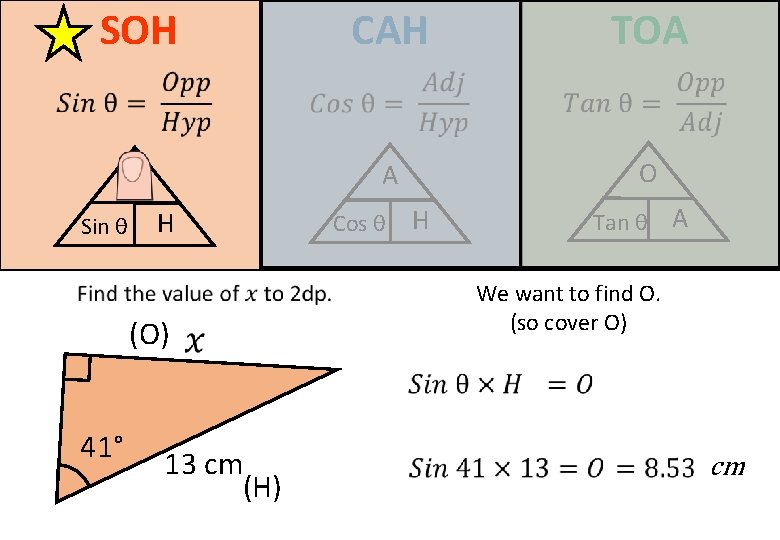 SOH CAH TOA O Sin θ H (O) 41° 13 cm (H) Cos θ