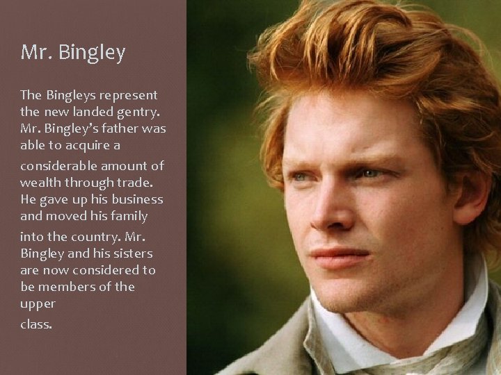 Mr. Bingley The Bingleys represent the new landed gentry. Mr. Bingley’s father was able