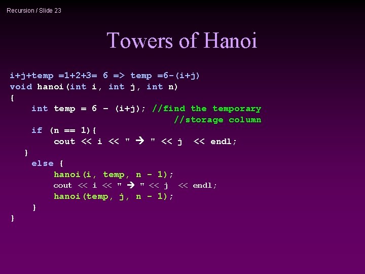 Recursion / Slide 23 Towers of Hanoi i+j+temp =1+2+3= 6 => temp =6 -(i+j)