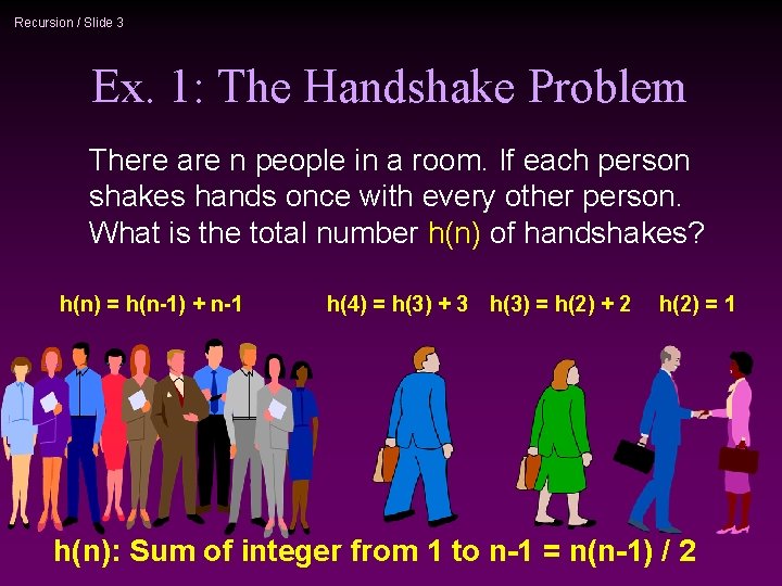 Recursion / Slide 3 Ex. 1: The Handshake Problem There are n people in