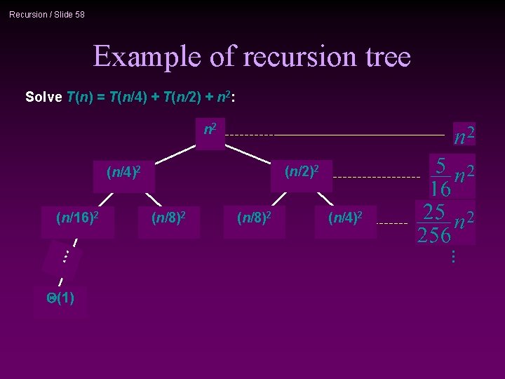 Recursion / Slide 58 Example of recursion tree Solve T(n) = T(n/4) + T(n/2)