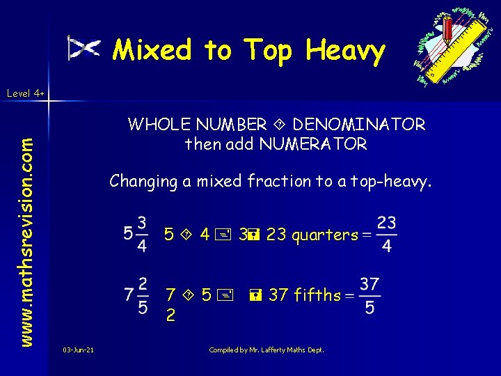 Mixed to Top Heavy www. mathsrevision. com Level 4+ WHOLE NUMBER DENOMINATOR then add Mixed to Top Heavy www. mathsrevision. com Level 4+ WHOLE NUMBER DENOMINATOR then add
