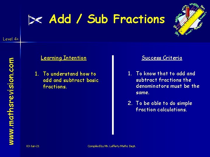 Add / Sub Fractions www. mathsrevision. com Level 4+ Learning Intention Success Criteria 1. Add / Sub Fractions www. mathsrevision. com Level 4+ Learning Intention Success Criteria 1.