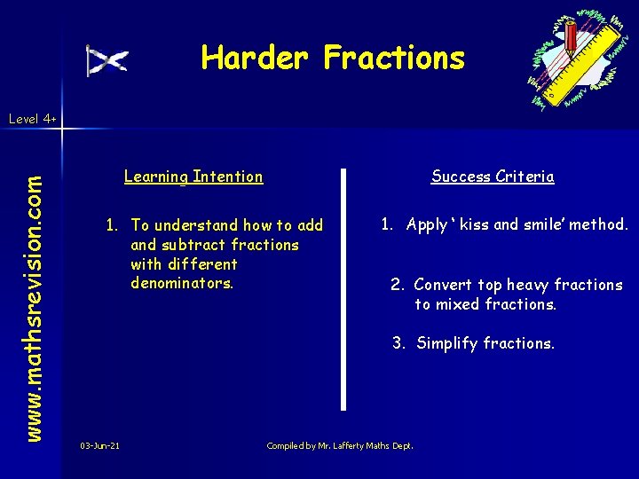 Harder Fractions www. mathsrevision. com Level 4+ Learning Intention Success Criteria 1. To understand Harder Fractions www. mathsrevision. com Level 4+ Learning Intention Success Criteria 1. To understand