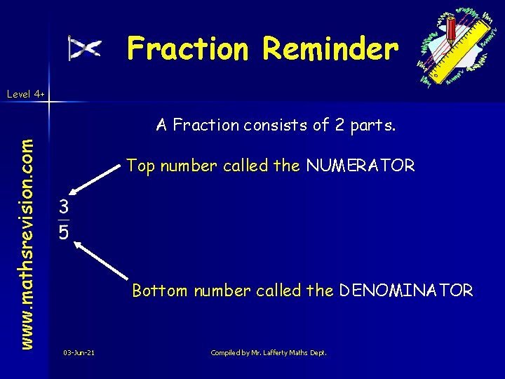 Fraction Reminder Level 4+ www. mathsrevision. com A Fraction consists of 2 parts. Top Fraction Reminder Level 4+ www. mathsrevision. com A Fraction consists of 2 parts. Top