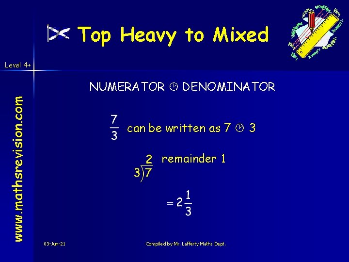 Top Heavy to Mixed Level 4+ www. mathsrevision. com NUMERATOR DENOMINATOR can be written Top Heavy to Mixed Level 4+ www. mathsrevision. com NUMERATOR DENOMINATOR can be written