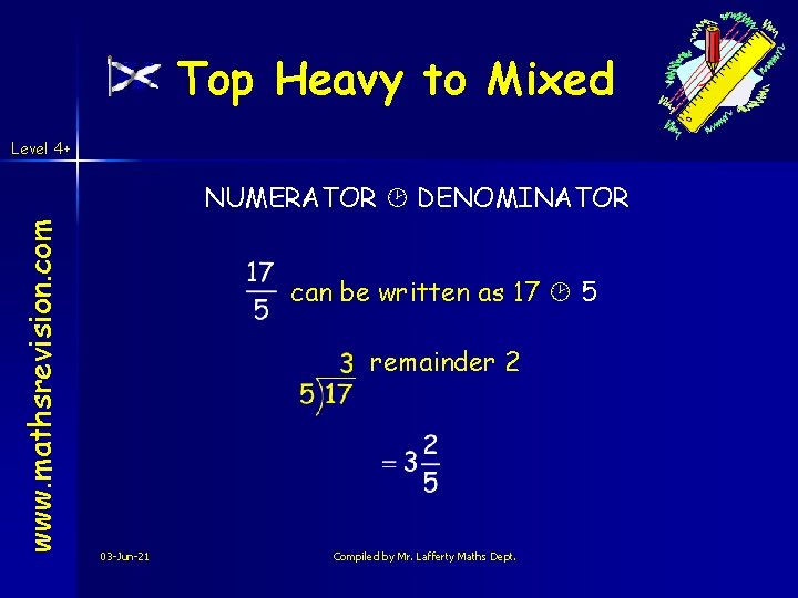 Top Heavy to Mixed Level 4+ www. mathsrevision. com NUMERATOR DENOMINATOR can be written Top Heavy to Mixed Level 4+ www. mathsrevision. com NUMERATOR DENOMINATOR can be written