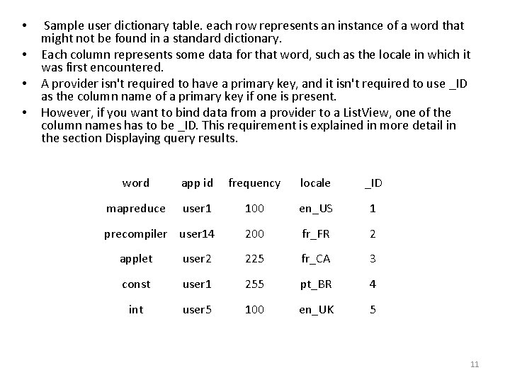  • • Sample user dictionary table. each row represents an instance of a