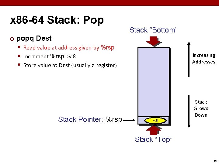 x 86 -64 Stack: Pop ¢ popq Dest Stack “Bottom” § Read value at