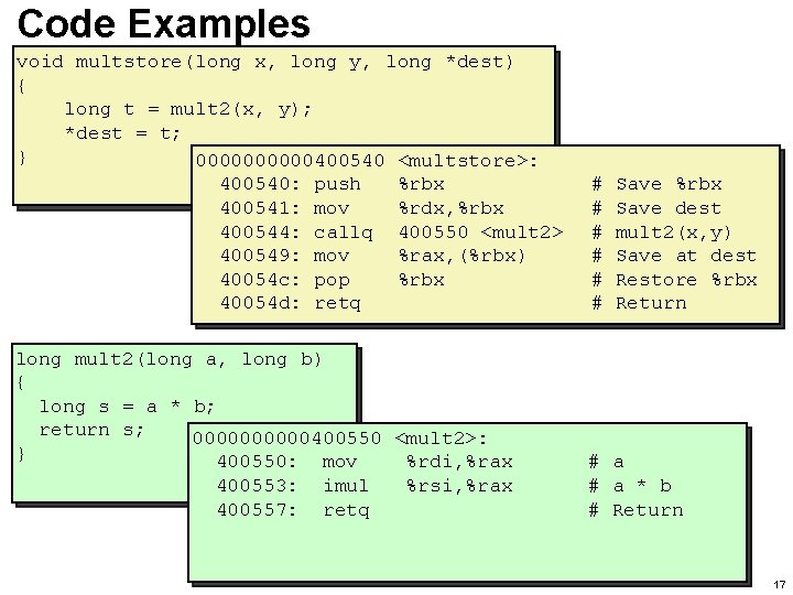 Code Examples void multstore(long x, long y, long *dest) { long t = mult