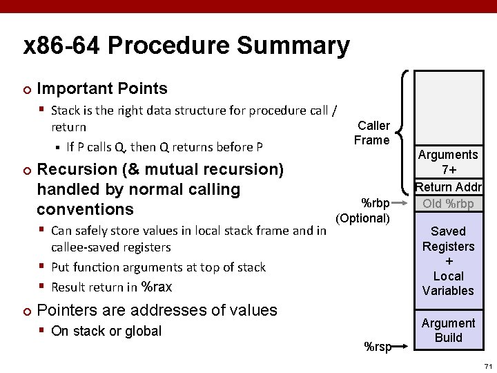 x 86 -64 Procedure Summary ¢ Important Points § Stack is the right data